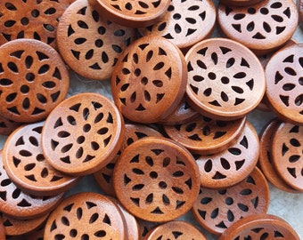 6 Wooden Buttons * Brown Carved Wooden Round Flower Buttons 2 Hole * 20mm *