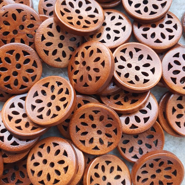 6 Wooden Buttons * Brown Carved Wooden Round Flower Buttons 2 Hole * 20mm *