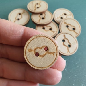 10 Natural Wooden Round Buttons 2 Hole 25mm Heart Buttons image 1