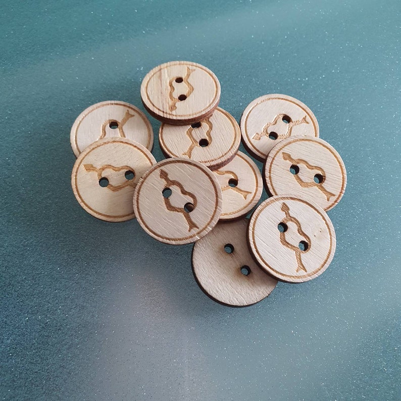 10 Natural Wooden Round Buttons 2 Hole 25mm Heart Buttons image 2