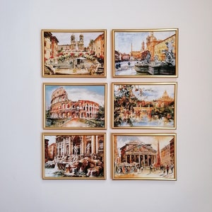 Stampe acquerello Italia - Set di 6: Piazza di Spagna, Colosseo, Fontana di Trevi, Piazza Navona, Vaticano, Pantheon - Arte da dipinti originali