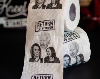 Anti-Democrat Return to Sender Toilet Paper Roll Gag Gift | 1 Roll of Funny TP with Joe Biden Kamala Harris and Nancy Pelosi Faces
