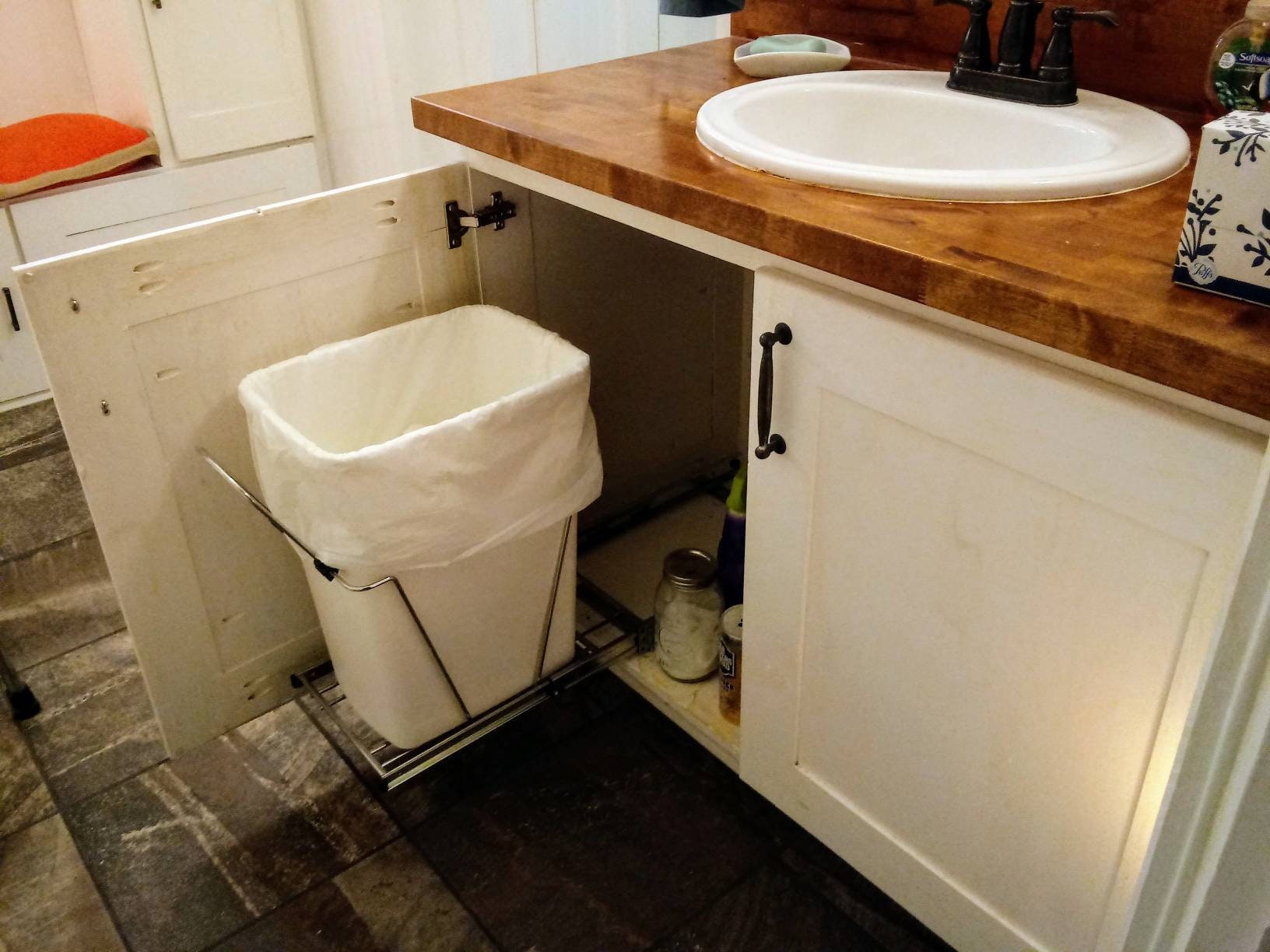 Bathroom vanity, garbage pullout, storage, rustic, soft ...