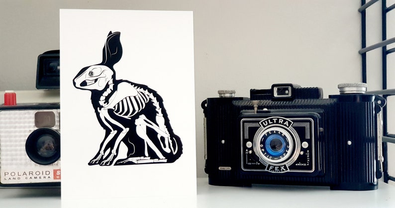 Postcard A6 black and white drawing print dark rabbit skull art dark art