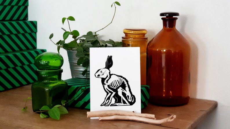 Postcard A6 black and white drawing print dark rabbit skull art dark art