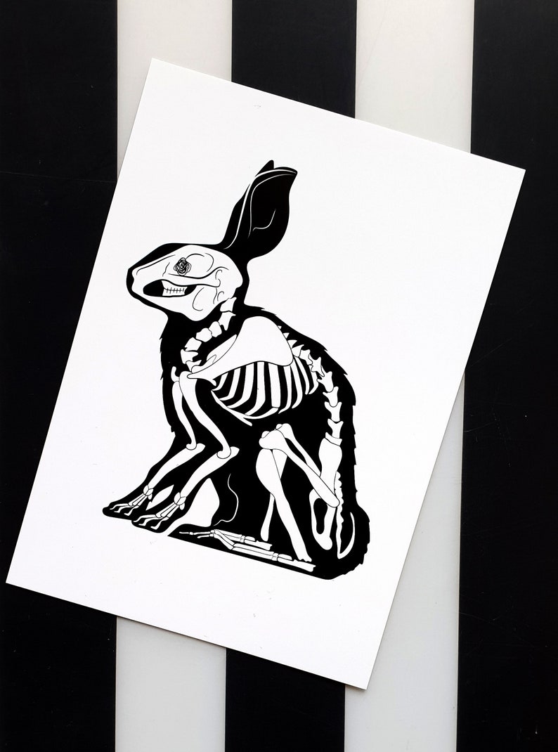 Postcard A6 black and white drawing print dark rabbit skull art dark art