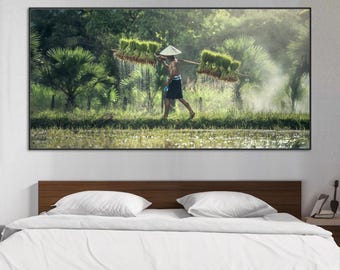 Vietnam Rice Field Wall Art – Farmer Silhouette Printable Poster, Asian Nature Digital Download
