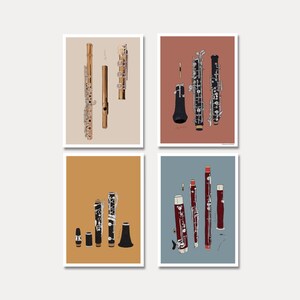 Carte postale illustrée d'instruments à vent, série 1