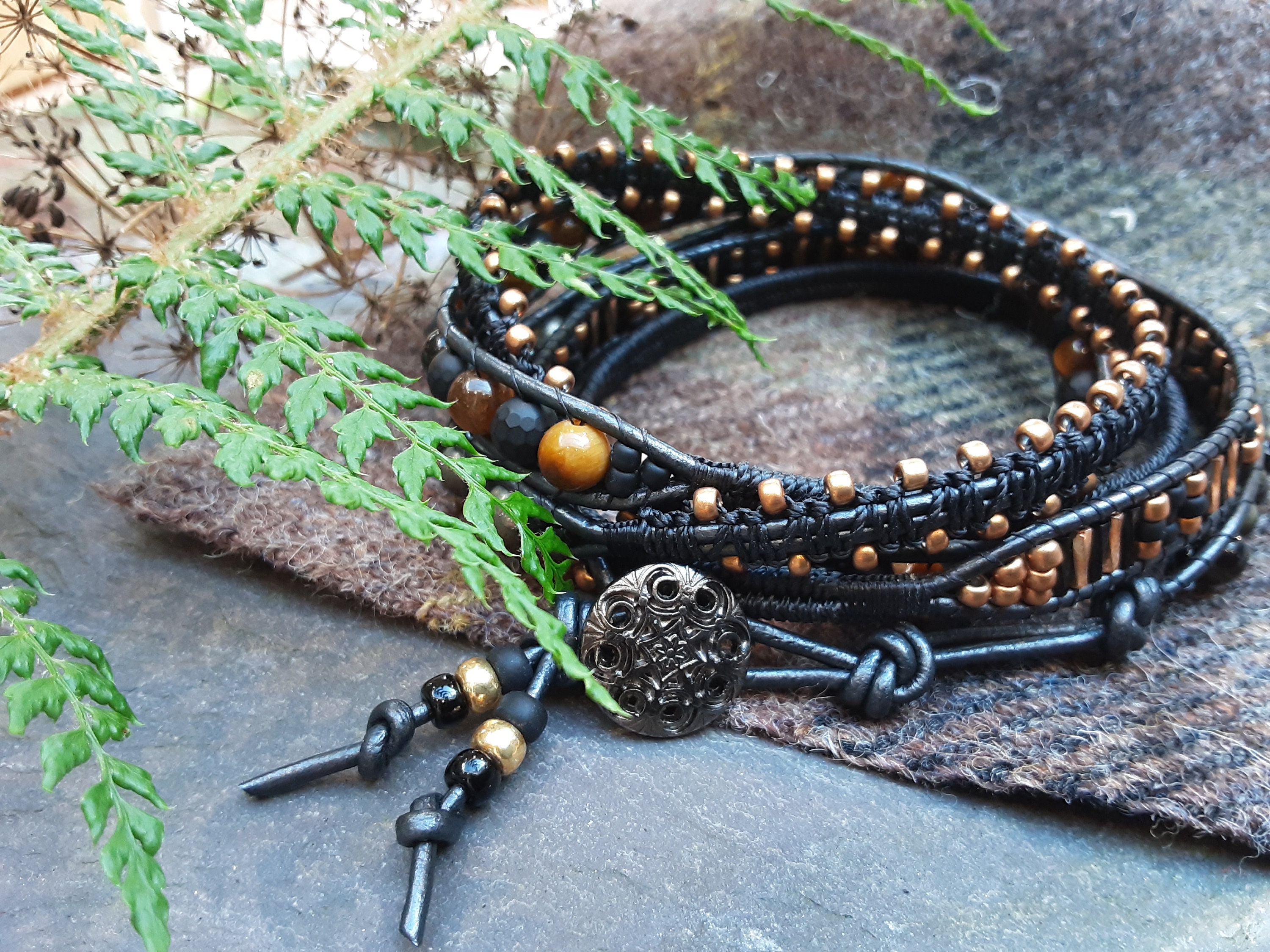 Black and Gold Mens Leather Wrap Bracelet With Semi Precious