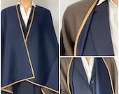 2in1 Blue Brown Cashmere Poncho, Wool Blanket Scarf, Unique gift for her, Woven Shawl, Large Cape, with Leather Trim