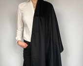 Black Cashmere Shawl, Blanket Wool Scarf, Woven Poncho, Large Cape, with Black Leather Trim
