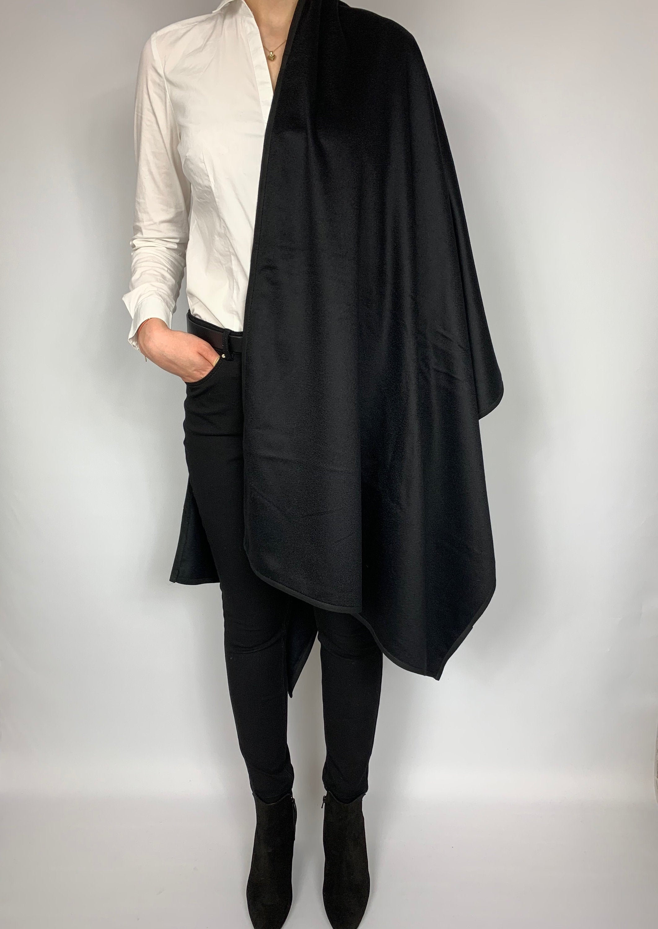 Black Cashmere Shawl Blanket Wool Scarf Woven Poncho Large Etsy