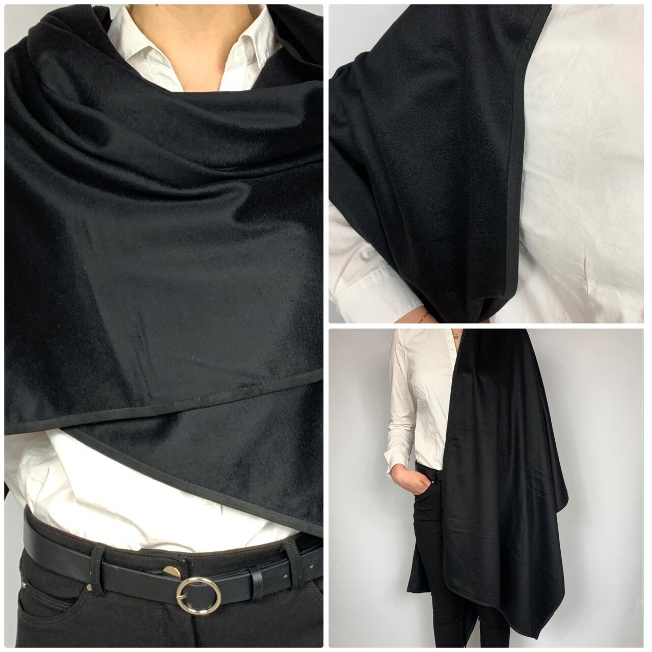 Black Cashmere Shawl Blanket Wool Scarf Woven Poncho Large Etsy