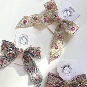 Pyaar Hair Bow | Floral Embroidered Hair Bow | Accessories | Boho Handmade Bow | Saree Ribbon Desi Accessory | Eid Gift