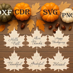 May include: A fall-themed arrangement featuring pumpkins, leaves, and acorns. The image includes the text "DXF", "CDR", "SVG", and "PNG". Wooden maple leaf cutouts display the phrases "Hello Fall", "Give Thanks", "Happy Thanksgiving", "Thankful", "Grateful", and "Blessed".