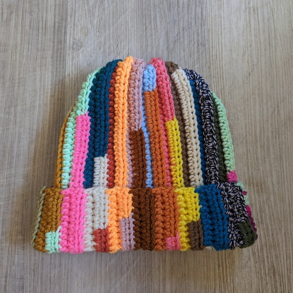 Scrap yarn striped crochet beanie