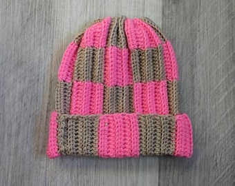 Pink & Khaki Crochet Checkered Beanie