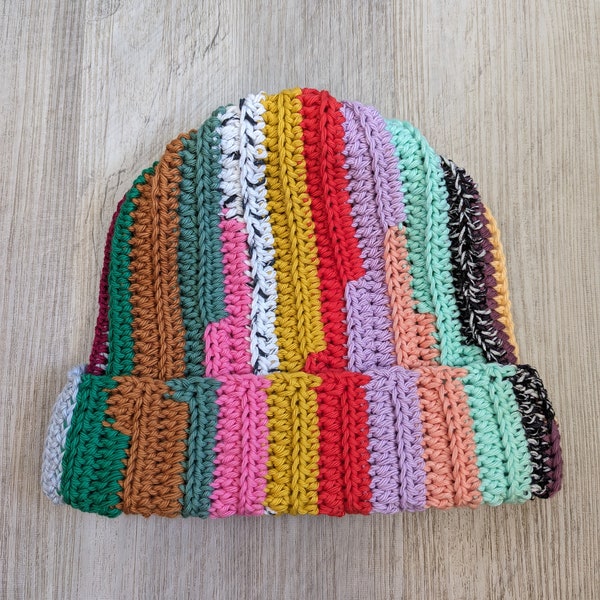 Scrap yarn, striped, crochet beanie