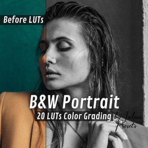 Puede incluir: Retrato en blanco y negro de una persona con el pelo mojado, vistiendo una blazer color beige. La imagen está dividida, con el lado izquierdo mostrando un fondo turquesa y el texto "Before LUTs". El lado derecho es en escala de grises. Texto: "B&W Portrait 20 LUTs Color Grading by Julia Presets".
