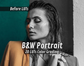 Könnte beinhalten: Schwarz-Weiß-Porträt einer Person mit nassem Haar, die einen beigefarbenen Blazer trägt. Das Bild ist geteilt, wobei die linke Seite einen türkisfarbenen Hintergrund und den Text "Before LUTs" zeigt. Die rechte Seite ist grau. Text: "B&W Portrait 20 LUTs Color Grading by Julia Presets".