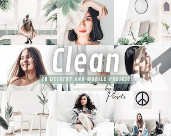 May include: A collage of images showcasing a set of 20 Clean desktop and mobile presets by Julik Presets. The images feature a variety of subjects, including people, plants, and interior design elements. The text "Clean" is prominently displayed in a light green font, along with the phrase "20 Desktop and Mobile Presets" and the logo "by Julik Presets".