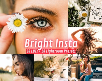 Puede incluir: Una colección de 20 ajustes preestablecidos de Lightroom y 20 LUTS para editar fotos. Los ajustes preestablecidos y los LUTS están diseñados para dar a las fotos un aspecto brillante y vibrante. La imagen muestra una variedad de fotos que se han editado con los ajustes preestablecidos y los LUTS, incluyendo un primer plano de un ojo de mujer, una mujer con el pelo al viento, un gato y una mujer sentada en un banco.