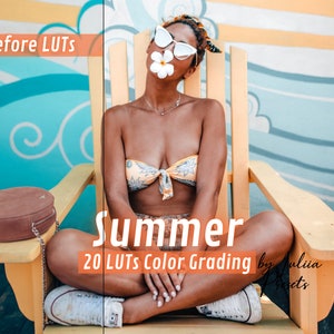 Puede incluir: Una mujer con gafas de sol y un top de bikini se sienta en una silla amarilla con una flor que le cubre la boca. El fondo es una pared azul y amarilla con un patrón de olas. El texto "Summer 20 LUTS Color Grading by Julia Presets" está en la imagen.