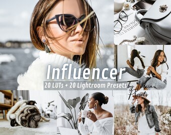 May include: A collage of images featuring a woman wearing sunglasses and a white sweater, a woman wearing a white shirt and jeans, a woman wearing a white shirt and a denim jacket, a dog, and a book with the text "Kinvenzin della femmini". The text "Influencer 20 LUTs + 20 Lightroom Presets by Jibia Presets" is also included in the image.