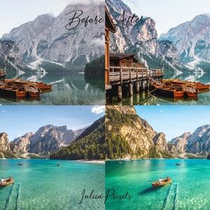 Puede incluir: Foto antes y despu&eacute;s de un lago de monta&ntilde;a con un muelle de madera y barcos. La foto antes muestra un cielo nublado y la foto despu&eacute;s muestra un cielo azul claro y agua turquesa.