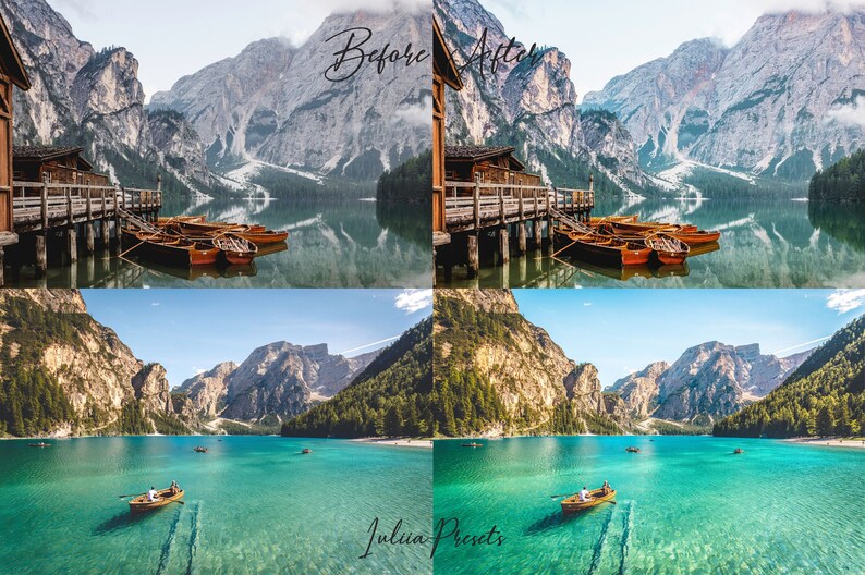 Puede incluir: Foto antes y despu&eacute;s de un lago de monta&ntilde;a con un muelle de madera y barcos. La foto antes muestra un cielo nublado y la foto despu&eacute;s muestra un cielo azul claro y agua turquesa.