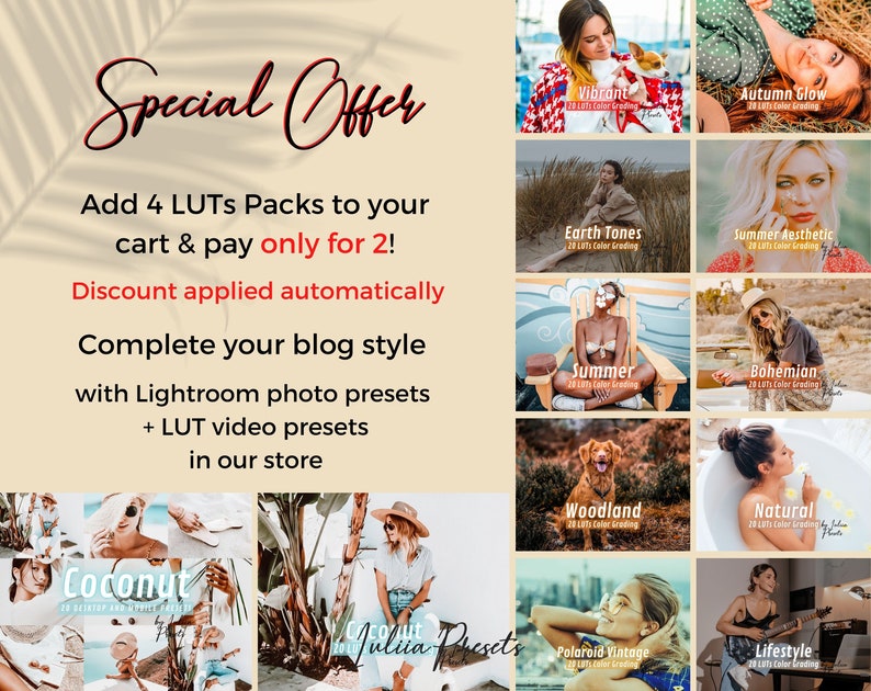 20 Summer LUTs COCONUT, Adobe Premiere Pro LUTs Pack, Video Editing Cinematic Luts Final Cut Pro, Summer Video Presets for DaVinci Resolve