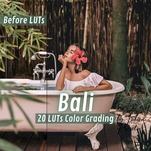 May include: A woman relaxes in a white bathtub filled with water, surrounded by lush green foliage. The text "Bali 20 LUTs Color Grading by Julina Presets" is displayed on the image.