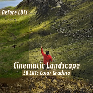 Pode incluir: Uma imagem dividida em duas que mostra uma paisagem verde com uma pessoa em pé em uma colina no lado direito da imagem. O lado esquerdo da imagem mostra a mesma paisagem antes da classificação de cores. O texto "Cinematic Landscape 20 LUTs Color Grading by Julia Presets" é exibido na imagem.