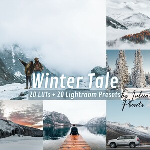 May include: A collage of wintery landscape photos with a snowy mountain range, a lake, and a forest. The text "Winter Tale" is in the center of the image, with the text "20 LUTs + 20 Lightroom Presets by Julia Presets" below it.