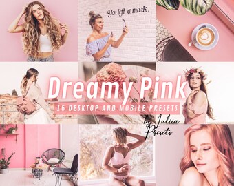 May include: A collage of images showcasing a collection of 16 digital photo filters called "Dreamy Pink" by Juliia Presets. The filters create a soft, dreamy pink hue in photos. The images show various models and scenes, including a woman taking a selfie, a woman in a pink dress, and a cup of coffee on a pink table.