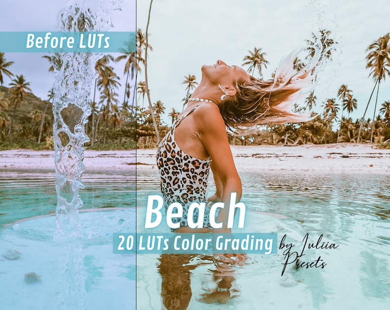 20 BEACH LUTs Premiere, Final Cut Pro LUTs Video Presets, Film LUT Pack and Summer Affinity LUTs, Travel Video Filters for Video Editing, Image 1