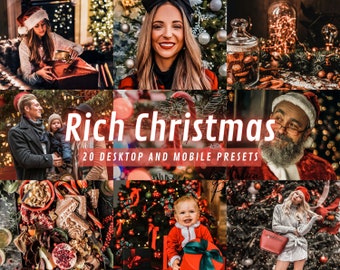 May include: A collage of images featuring a variety of Christmas-themed scenes, including a woman holding a gift, a family standing in front of a Christmas tree, a close-up of a Christmas ornament, and a Santa Claus. The text "Rich Christmas 20 Desktop and Mobile Presets" is displayed in the center of the collage.