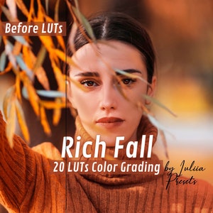 May include: A woman wearing a brown sweater looks through a branch of fall leaves. The text "Rich Fall 20 LUTs Color Grading by Julia Presets" is visible in the image.