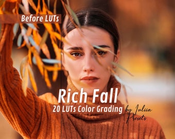 20 LUT de vídeo cinematográfico de otoño para Premiere Pro y Davinci Resolve, tablas de consulta de gradación de color de otoño enriquecidas, ajustes preestablecidos de gradación de color descargables