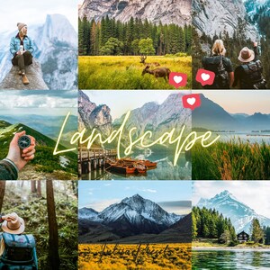 Puede incluir: Un collage de nueve im&aacute;genes que muestran varios paisajes. Las im&aacute;genes presentan monta&ntilde;as, lagos, bosques y una br&uacute;jula. La palabra "Paisaje" est&aacute; escrita en una fuente estilizada en el centro del collage.