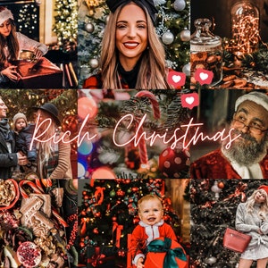 Puede incluir: Un collage de im&aacute;genes con una variedad de decoraciones y escenas navide&ntilde;as, incluyendo una familia, un Pap&aacute; Noel, un &aacute;rbol de Navidad y una mesa de fiesta. El texto "Rich Christmas" est&aacute; escrito en cursiva rosa en el centro del collage.