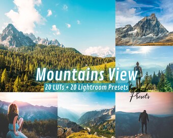 Puede incluir: Un collage de imágenes que muestran paisajes de montaña con un cielo azul y nubes blancas. El texto "Mountains View" está superpuesto en la imagen. El texto "20 LUTs + 20 Lightroom Presets by Julia Presets" también está superpuesto en la imagen.