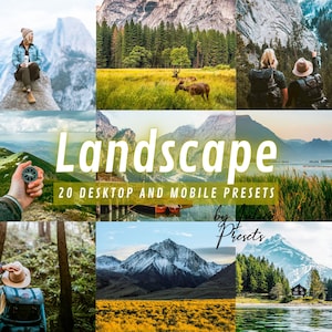 Puede incluir: Un collage de im&aacute;genes que muestran paisajes esc&eacute;nicos, con monta&ntilde;as, lagos, bosques y un ciervo. El texto "Landscape 20 Desktop and Mobile Presets by Pt Presets" se muestra en el centro del collage.