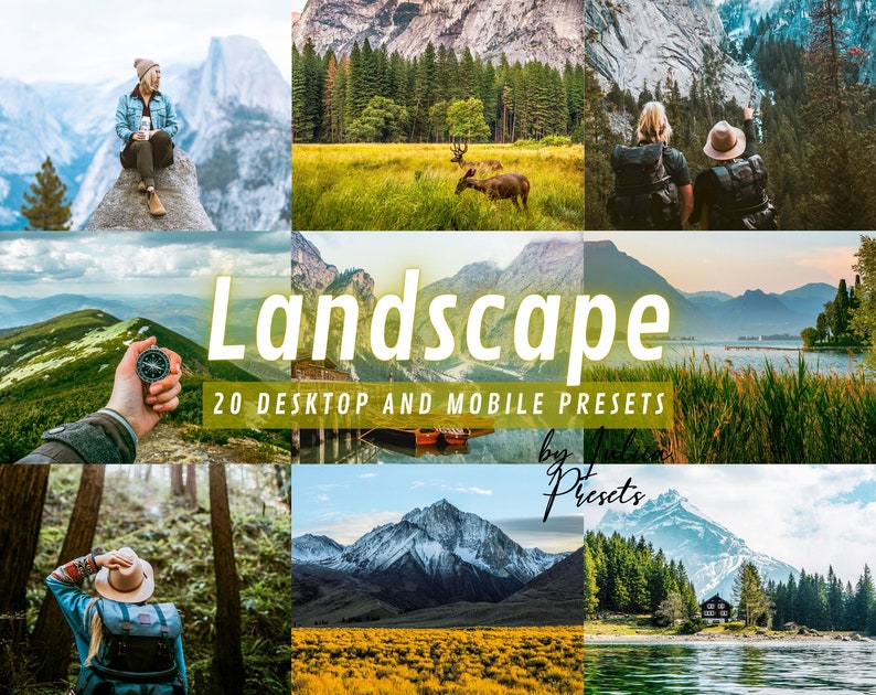 Puede incluir: Un collage de im&aacute;genes que muestran paisajes esc&eacute;nicos, con monta&ntilde;as, lagos, bosques y un ciervo. El texto "Landscape 20 Desktop and Mobile Presets by Pt Presets" se muestra en el centro del collage.