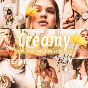 May include: A collection of 14 desktop and mobile photo presets called "Creamy" by Julia Presets. The presets are designed to give photos a warm, creamy, and soft look. The image shows a variety of photos that have been edited with the presets, including photos of people, flowers, and food.