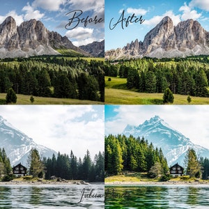 Puede incluir: Imagen antes y despu&eacute;s que muestra los efectos de un filtro de edici&oacute;n de fotos. La imagen superior izquierda muestra una cordillera con un bosque verde en primer plano. La imagen superior derecha muestra la misma escena con una paleta de colores m&aacute;s vibrante y un cielo m&aacute;s brillante. La imagen inferior izquierda muestra un lago con una peque&ntilde;a casa en la orilla y una cordillera en el fondo. La imagen inferior derecha muestra la misma escena con un cielo m&aacute;s dram&aacute;tico y un lago m&aacute;s brillante.
