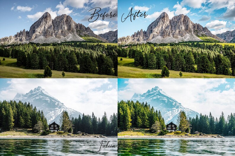 Puede incluir: Imagen antes y despu&eacute;s que muestra los efectos de un filtro de edici&oacute;n de fotos. La imagen superior izquierda muestra una cordillera con un bosque verde en primer plano. La imagen superior derecha muestra la misma escena con una paleta de colores m&aacute;s vibrante y un cielo m&aacute;s brillante. La imagen inferior izquierda muestra un lago con una peque&ntilde;a casa en la orilla y una cordillera en el fondo. La imagen inferior derecha muestra la misma escena con un cielo m&aacute;s dram&aacute;tico y un lago m&aacute;s brillante.