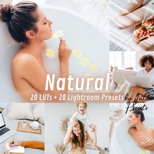 May include: A collage of images showcasing a collection of 20 Lightroom presets and 20 LUTS called "Natural" by Julia Presets. The images feature a woman in a bathtub, a woman with a child on her shoulders, a woman relaxing in a bathtub, a woman sitting on a couch with a laptop, and a woman sitting on a bed with a laptop.