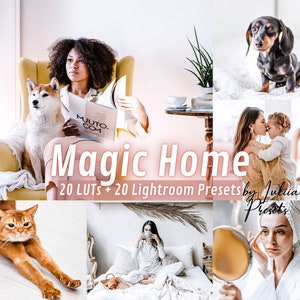 May include: A collage of images featuring a woman reading a magazine in a yellow armchair with a dog, a woman holding a child, a cat stretching, a woman drinking from a mug, and a woman looking in a mirror. The text "Magic Home" is in the center of the collage, with the text "20 LUTS + 20 Lightroom Presets by Julia Presets" below it.