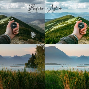 Puede incluir: Una imagen de antes y despu&eacute;s que muestra la diferencia de color y contraste de un paisaje monta&ntilde;oso. La imagen superior muestra a una persona sosteniendo una br&uacute;jula en la cima de una monta&ntilde;a. La imagen inferior muestra un lago con una peque&ntilde;a isla y monta&ntilde;as en el fondo.
